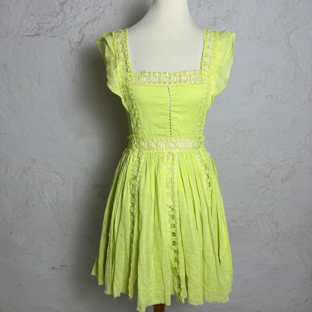 Free People FP One Verona Mini Dress XS Neon Lace Boho Fairy Cottagecore Prairie